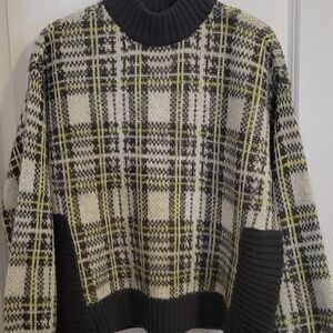 Plaid Knit Sweater with Dark Grey and Yellow Accents